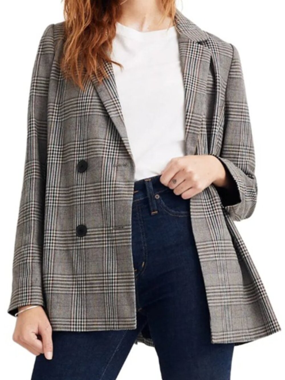 Madewell Caldwell Double Breasted Blazer Black White Plaid Small Workwear Preppy
